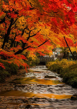 Autumn River Landscape with Red Leaves
