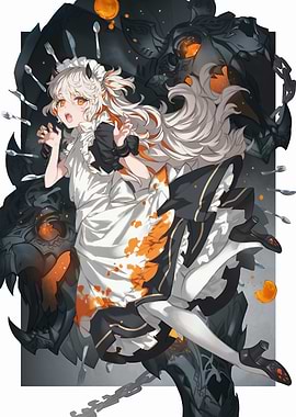 Anime Girl in Maid Outfit with Monster