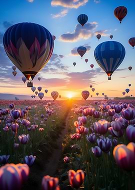 Hot Air Balloons Over Tulip Field