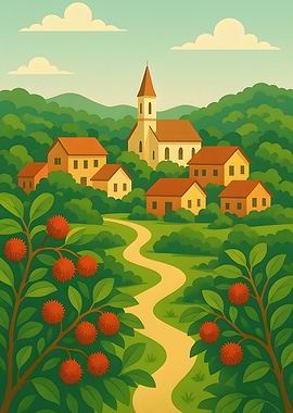 Idyllic Village Landscape with Rambutan Trees