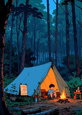 Boy Camping in Forest at Night
