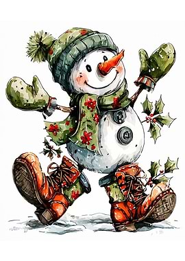 Watercolor Snowman with Boots and Hat