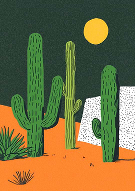 Desert Landscape with Cacti and Moon