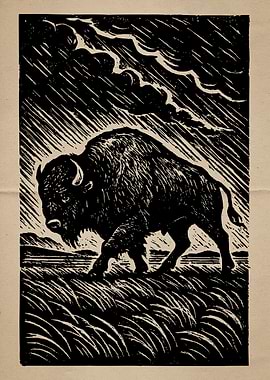 Black and White Bison Vintage Illustration