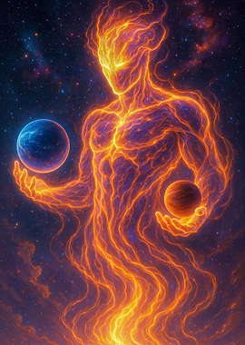 Fantasy Celestial Fire Being with Planets