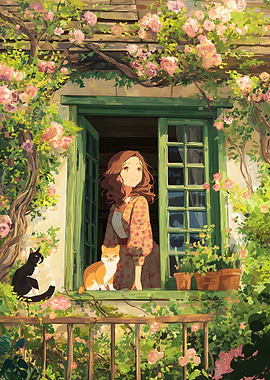 Girl with Cats at Flower-Framed Window