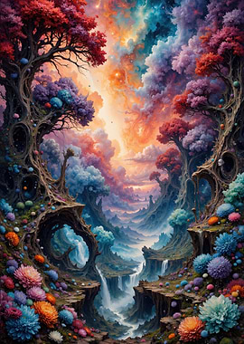 Colorful Fantasy Landscape with Waterfalls