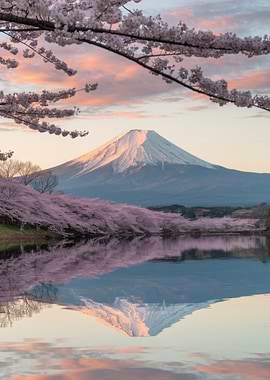 Mount Fuji and Cherry Blossoms Reflection