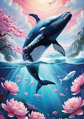 Whale breaching floral seascape