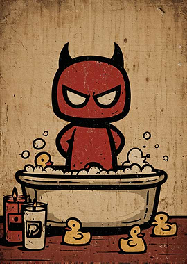 Cartoon Devil in Bathtub with Ducks