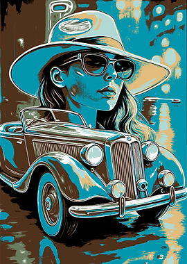 Vintage Car with Woman in Hat