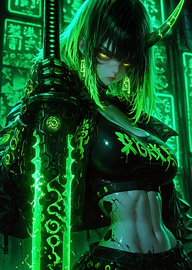 Cyberpunk Warrior with Glowing Sword