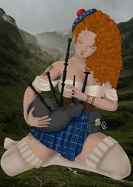 Scottish Woman Playing Bagpipes in Highlands