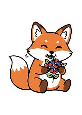 Cute Fox Eating Berries Illustration