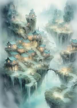 Misty Floating Cliff Village — Ethereal Pagoda Hamlet in Teal Mist