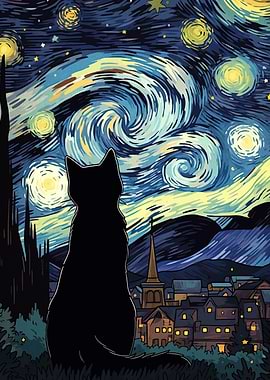 Cat gazing at Starry Night