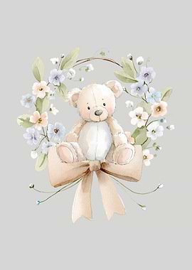 Watercolor Teddy Bear with Floral Wreath