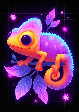 Colorful Chameleon on Branch with Flowers