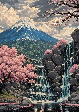 Mount Fuji and Cherry Blossoms Sakura Japanese Traditional Art