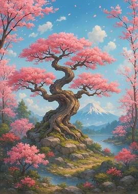 Cherry Blossom Tree Landscape with Mountain