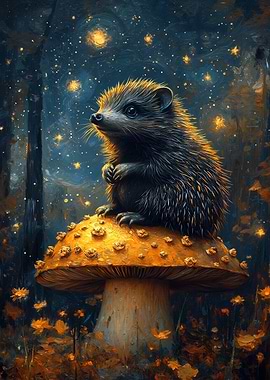 Hedgehog on Mushroom in Starry Night
