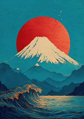 Mount Fuji and Ocean Wave Art