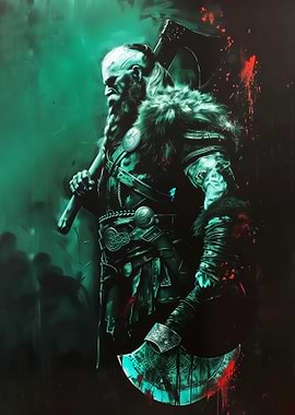 Viking Warrior with Axes in Green