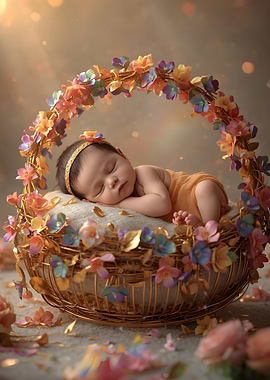 Sleeping Baby in Floral Basket