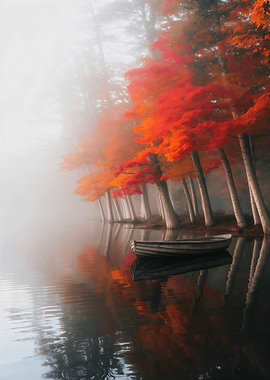 Autumn Lake with Boat and Fog