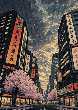 Japanese Cityscape with Cherry Blossoms Sakura Anime Landscape