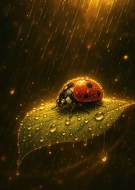 Ladybug on Leaf in Rain