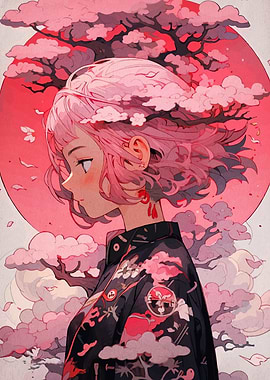 Pink-haired girl with cherry blossoms