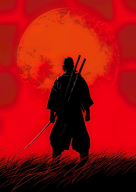 Silhouette of a Samurai with Red Moon