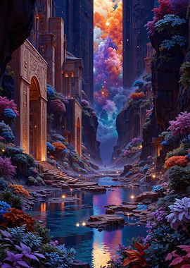 Fantasy Landscape with River and Architecture