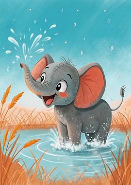 Playful Baby Elephant Splashes Joyfully Summer Pond