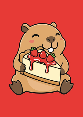 Cute Beaver Eating Strawberry Cheesecake