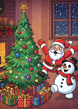 Christmas Scene Santa Snowman