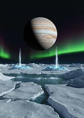 Jupiter over icy landscape with geysers