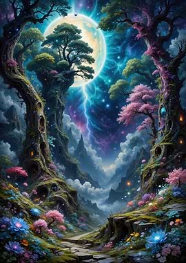 Enchanted Forest Landscape with Moon