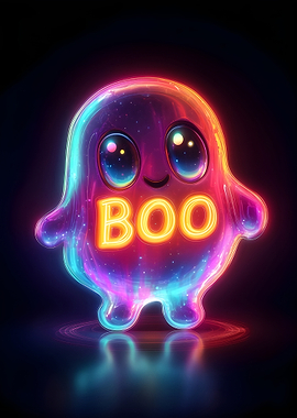 Neon Halloween Ghost with 'BOO' Text