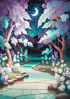 Enchanted Forest Stained Glass: A Magical Moonlit Escape