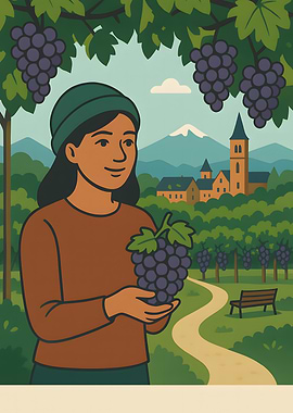 Grape Harvest in Vineyard Illustration