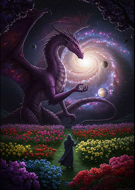 Dragon, Wizard, and Cosmic Flower Field