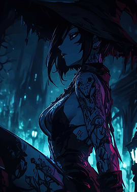 Anime Witch with Tattoos in Blue
