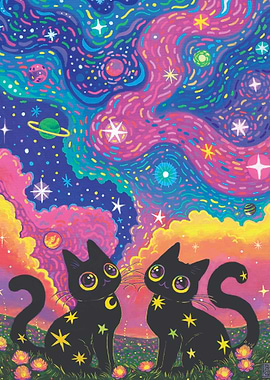 Whispers of the Universe Cosmic Cats Art Print