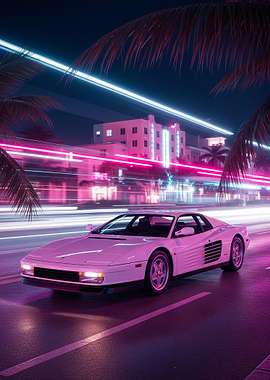 Ferrari Testarossa in Neon Miami Cityscape