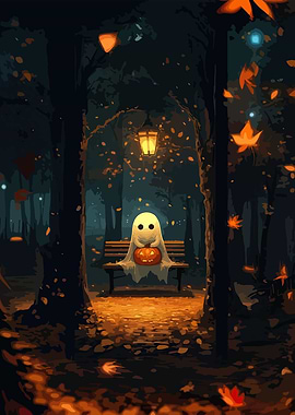 Ghost with Pumpkin in Autumn Forest