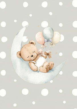 Sleeping Teddy Bear on Moon with Balloons