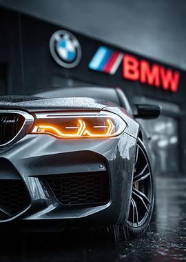 Sleek Gray BMW with Illuminated Headlights