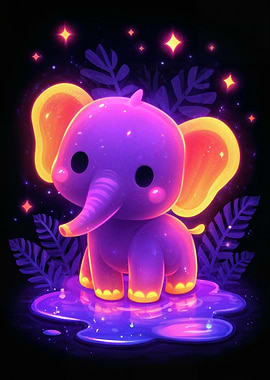 Cute Neon Elephant in a Puddle